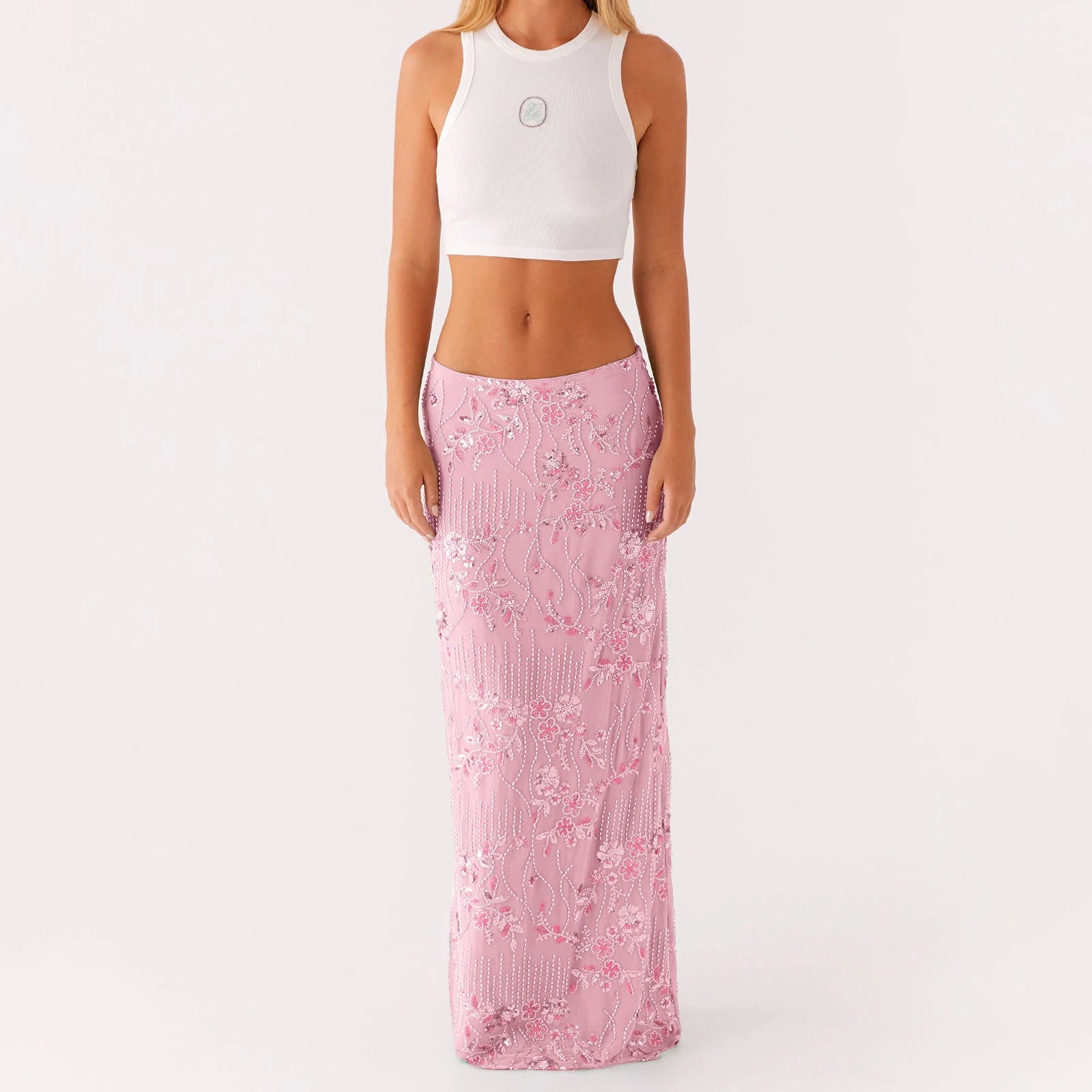 Falda larga elegante con lentejuelas y cuentas para mujer...