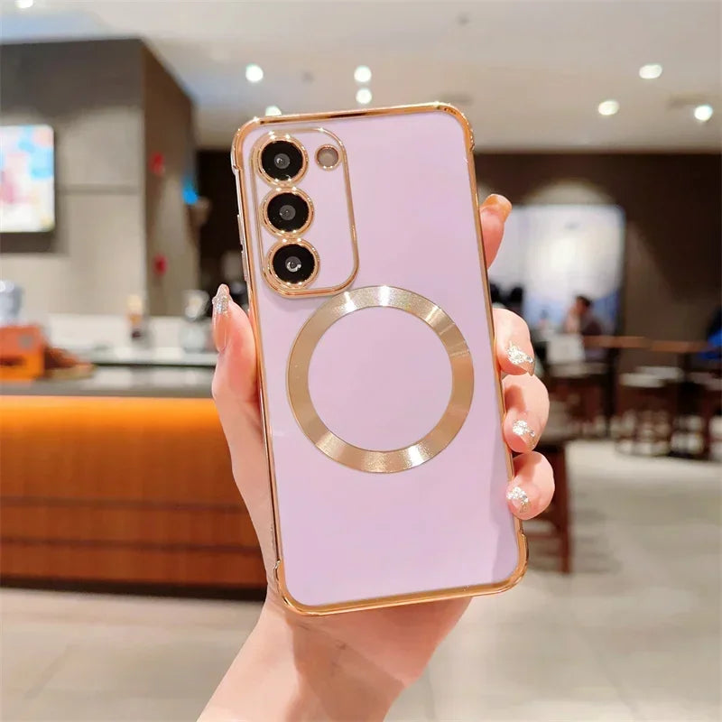 Magnetic gold-plated phone case for Samsung Galaxy S26 with sleek design and protective features.