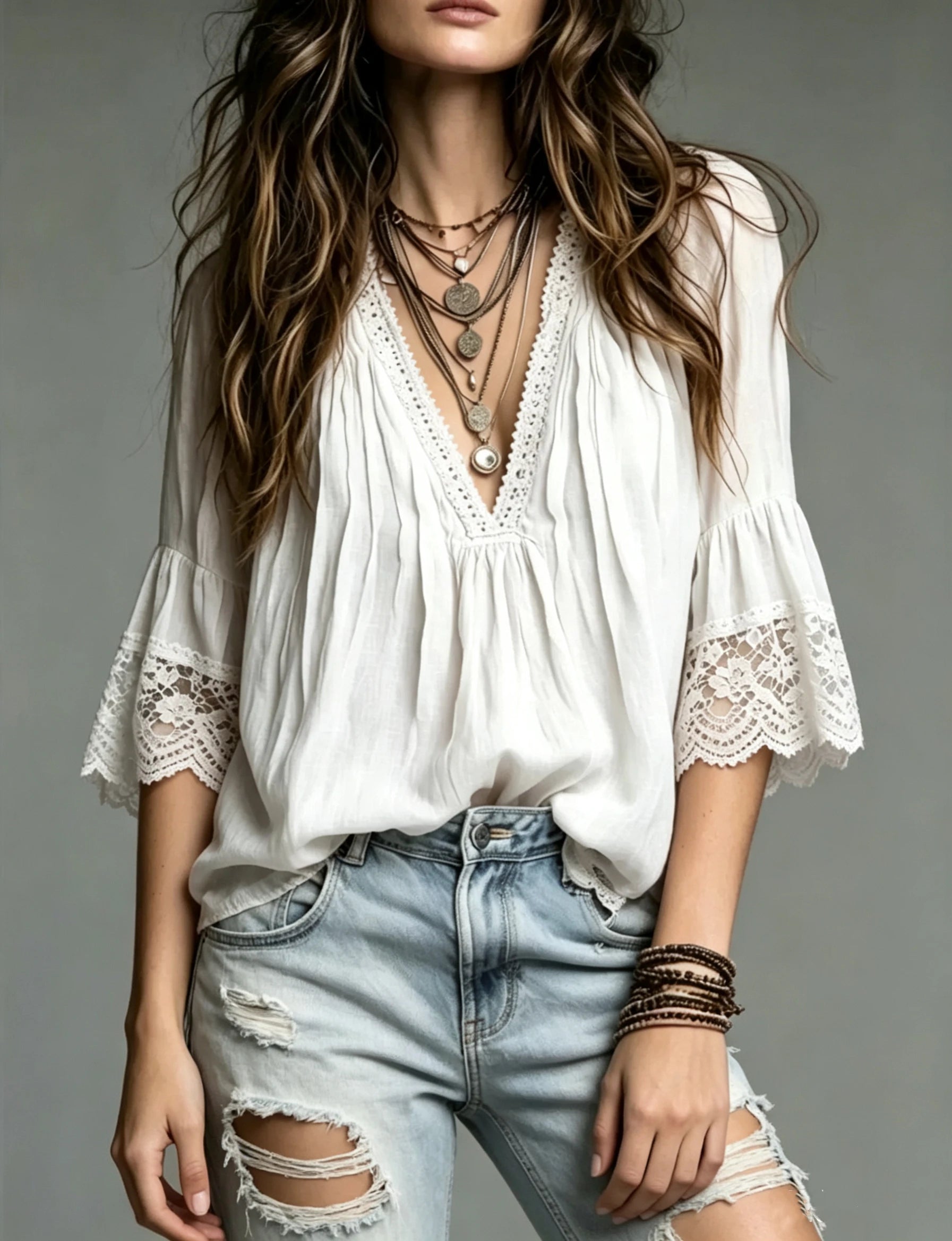 Blusa Bohemia con Cuello en V para Mujer, Estilo Europeo,...