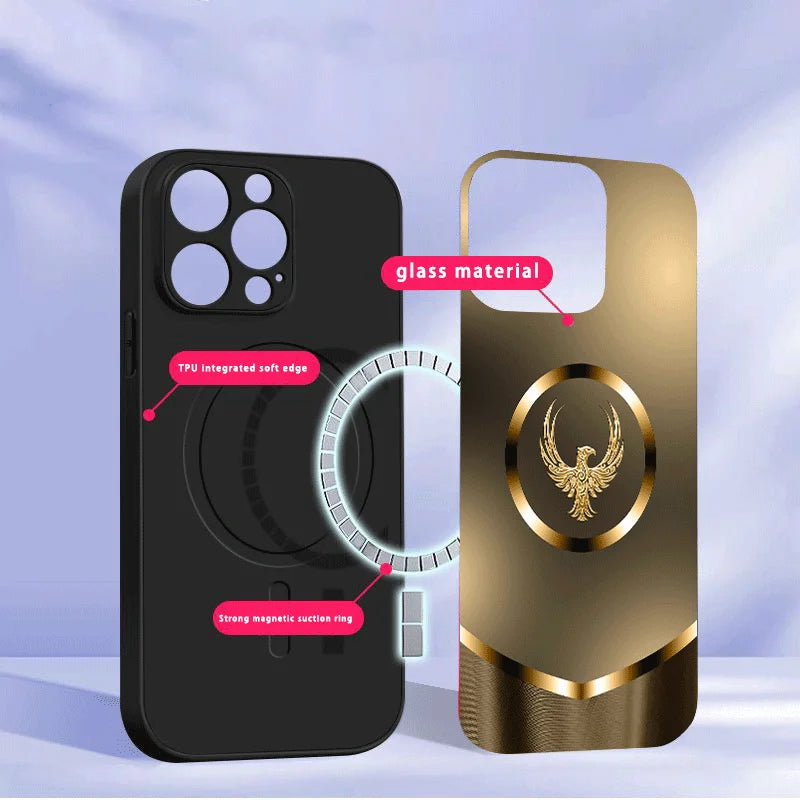 Clear glass phone case with a gold gradient design, perfect for protecting and stylishly showcasing a smartphone.