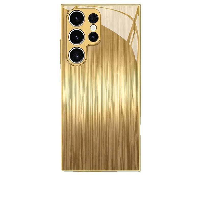 Tempered glass phone case with gold finish from Corporación Turística, showing a sleek, reflective surface and elegant design.