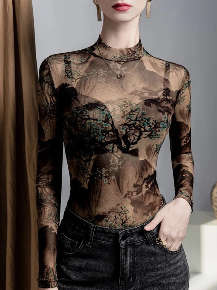 Tops sexis de manga larga con cuello levantado para mujer...