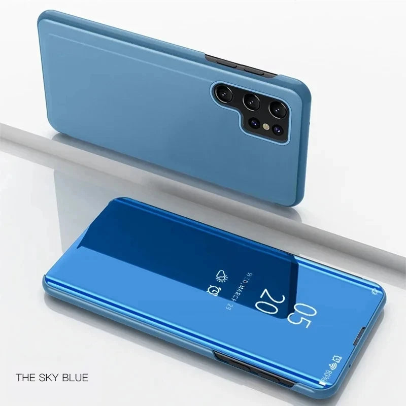 Leather flip phone case with mirror for Samsung smartphones, featuring a sleek, protective design and precise cutouts.