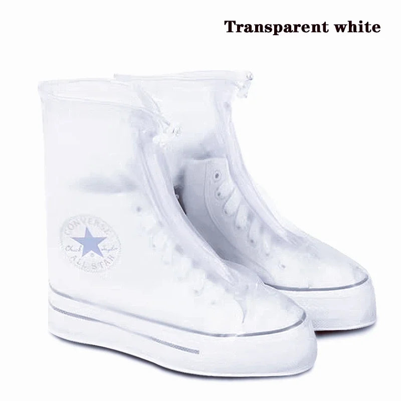 Reusable waterproof shoe protector funda, clear plastic cover for shoes, designed by Corporación Turística to keep footwear dry.