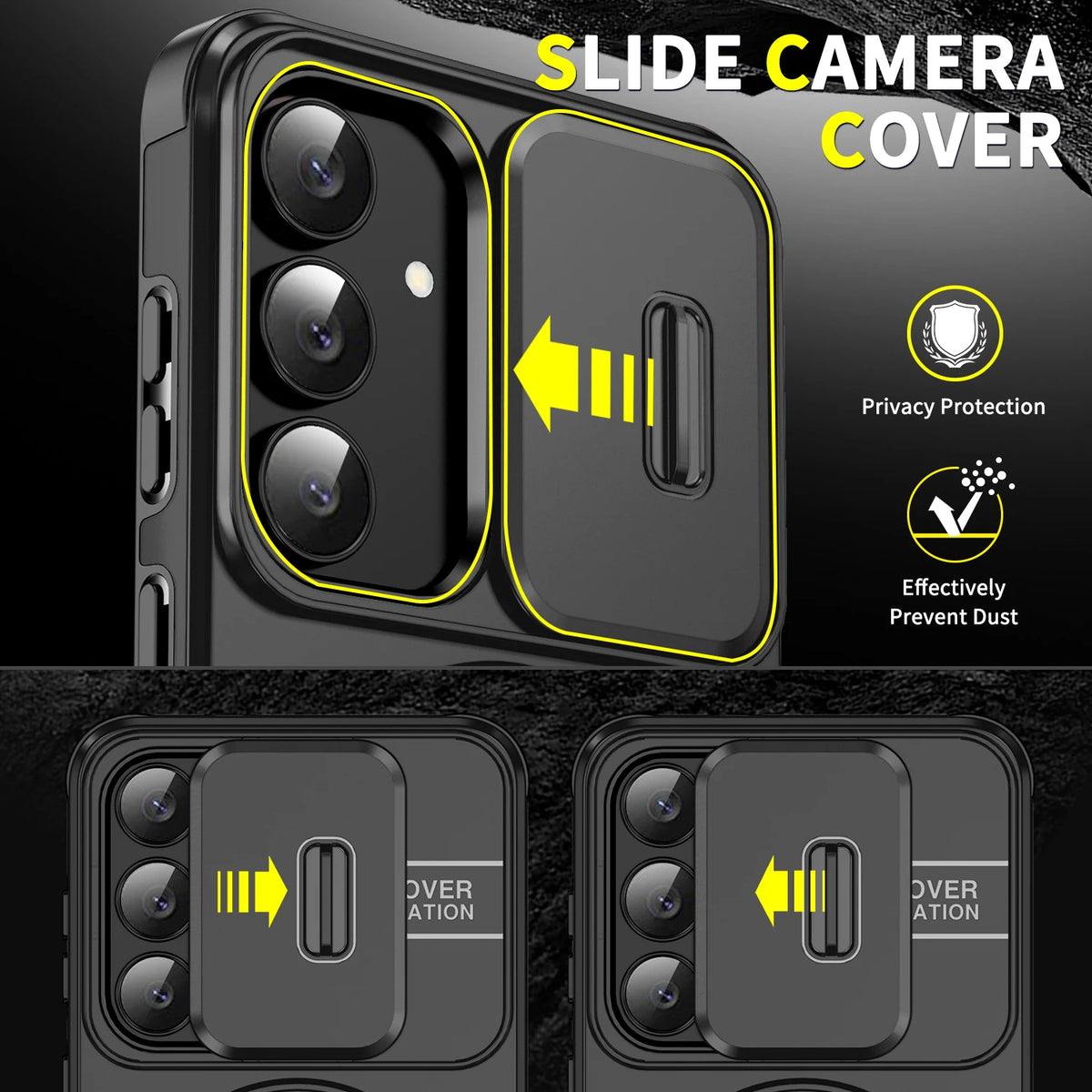 Samsung Galaxy A case with sliding cover and stand, black protective cover by Corporación Turística, designed for easy access and viewing.