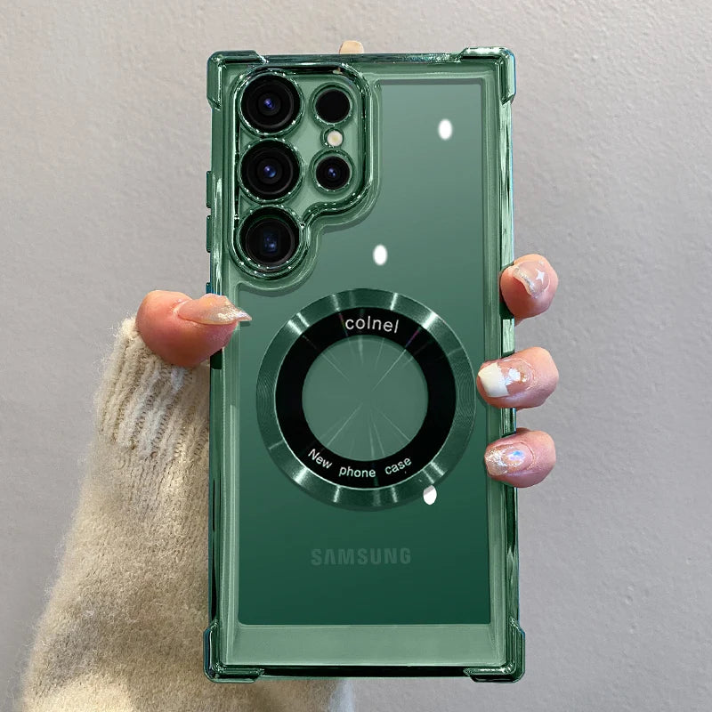 Luxury magnetic phone case with wireless charging for Samsung smartphones, featuring sleek design and durable protective material.