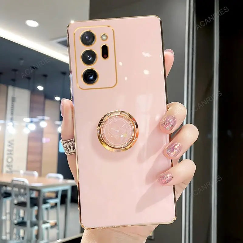 Samsung Galaxy Note20, Note10, Note9 phone case with ring holder support, featuring a gold-plated finish and durable design.