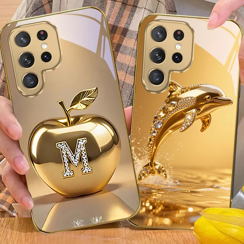 Golden dolphin phone case for Samsung Galaxy S20 FE, S21 Plus, S22, and S23, featuring a detailed dolphin design.