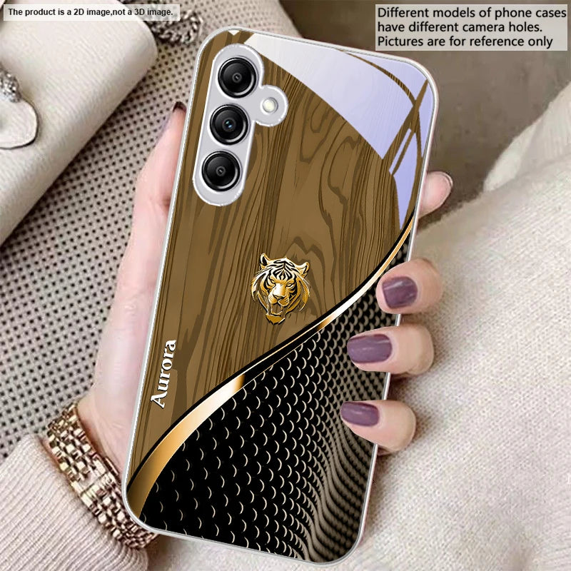 Golden tiger design glass phone case from Corporación Turística, featuring a clear protective cover with a striking tiger illustration.