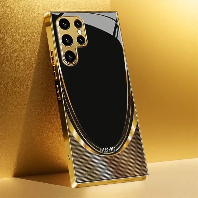 Black phone case with gold border and intricate pattern, designed for smartphones by Corporación Turística.