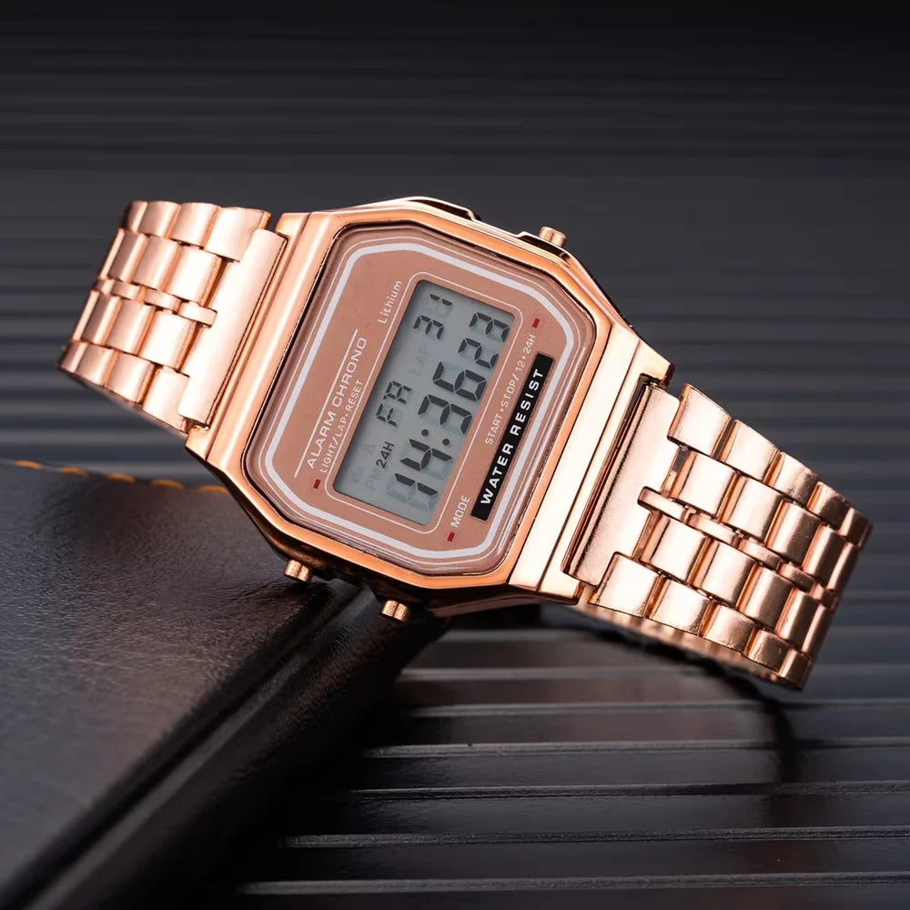 Reloj electrónico LED con tira de acero, cuadrado pequeño...