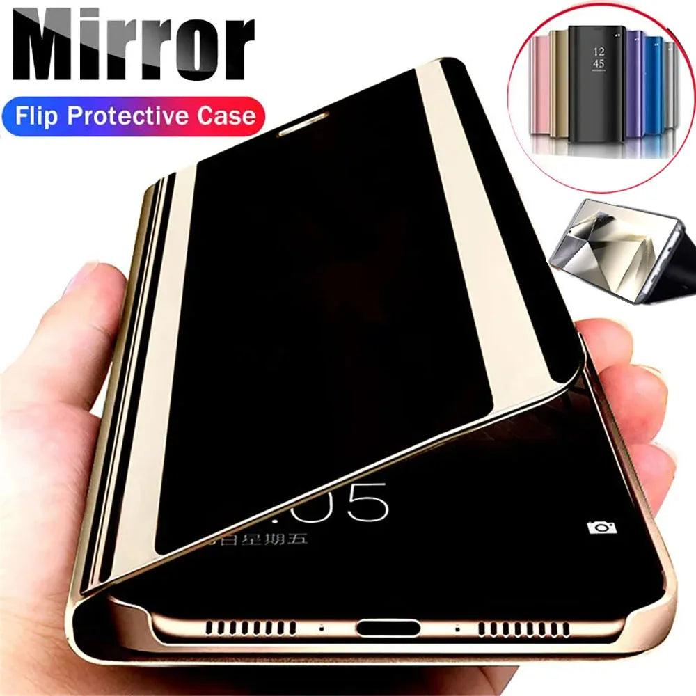 Leather flip phone case with mirror for Samsung smartphones, featuring a stylish and protective design by Corporación Turística.