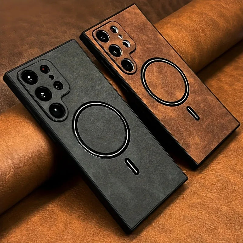 Leather magnetic PU phone case by Corporación Turística, showing the sleek black exterior and magnetic closure for mobile protection.
