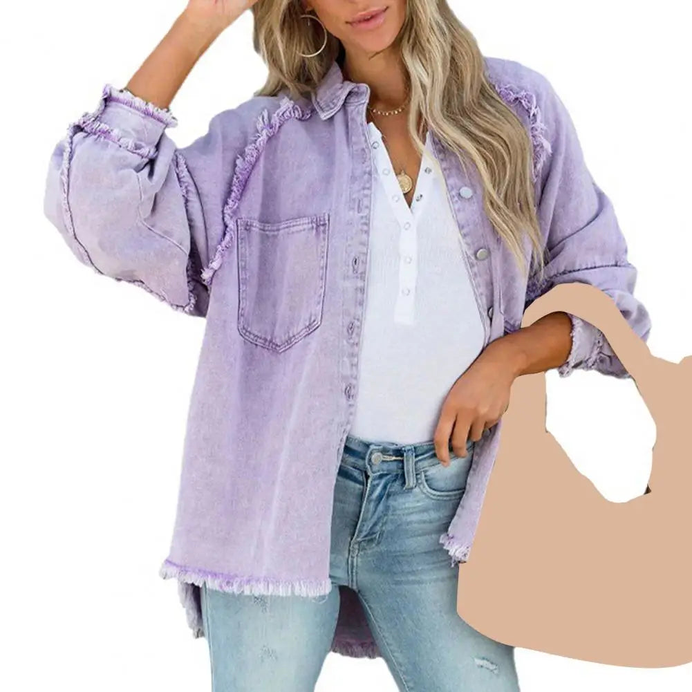 Oversized women's denim jacket by Corporación Turística, casual streetwear style, shown on a model with front buttons and classic blue wash.
