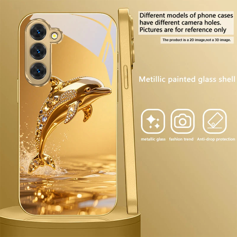 Golden dolphin phone case for Samsung Galaxy S20 FE, S21 Plus, S22, and S23 by Corporación Turística.