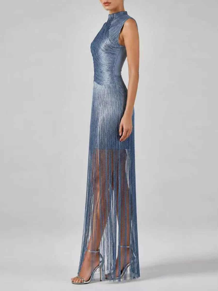 VGH Vestido Noche Azul Cuello Alto Flecos Midi Fiesta Elegante