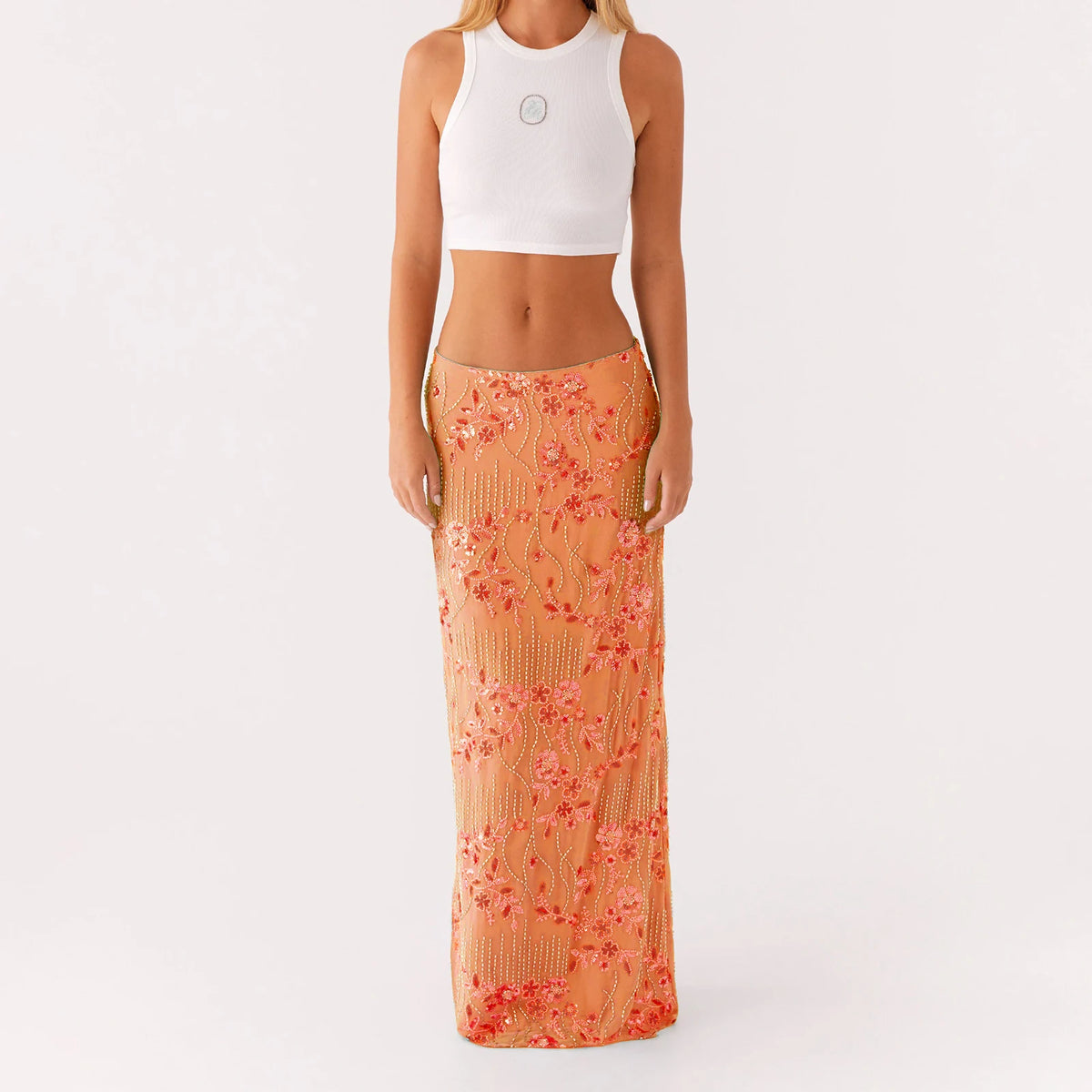 Falda larga elegante con lentejuelas y cuentas para mujer...