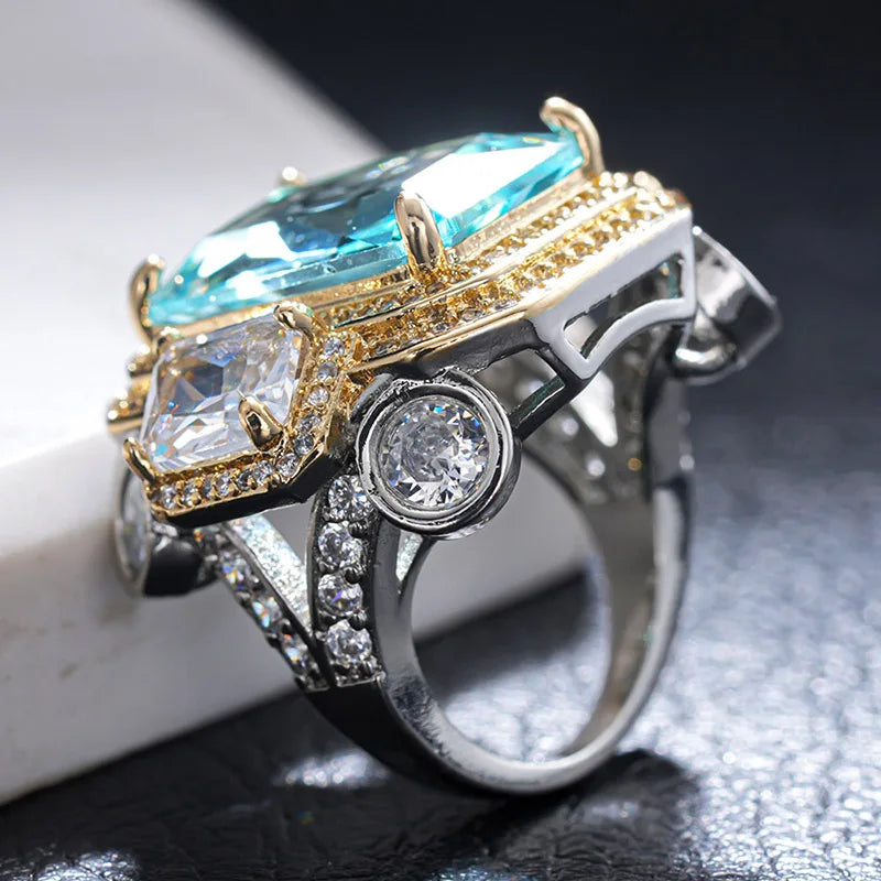 Huitan - Anillos Rectangulares de Circonita Cúbica Azul p...