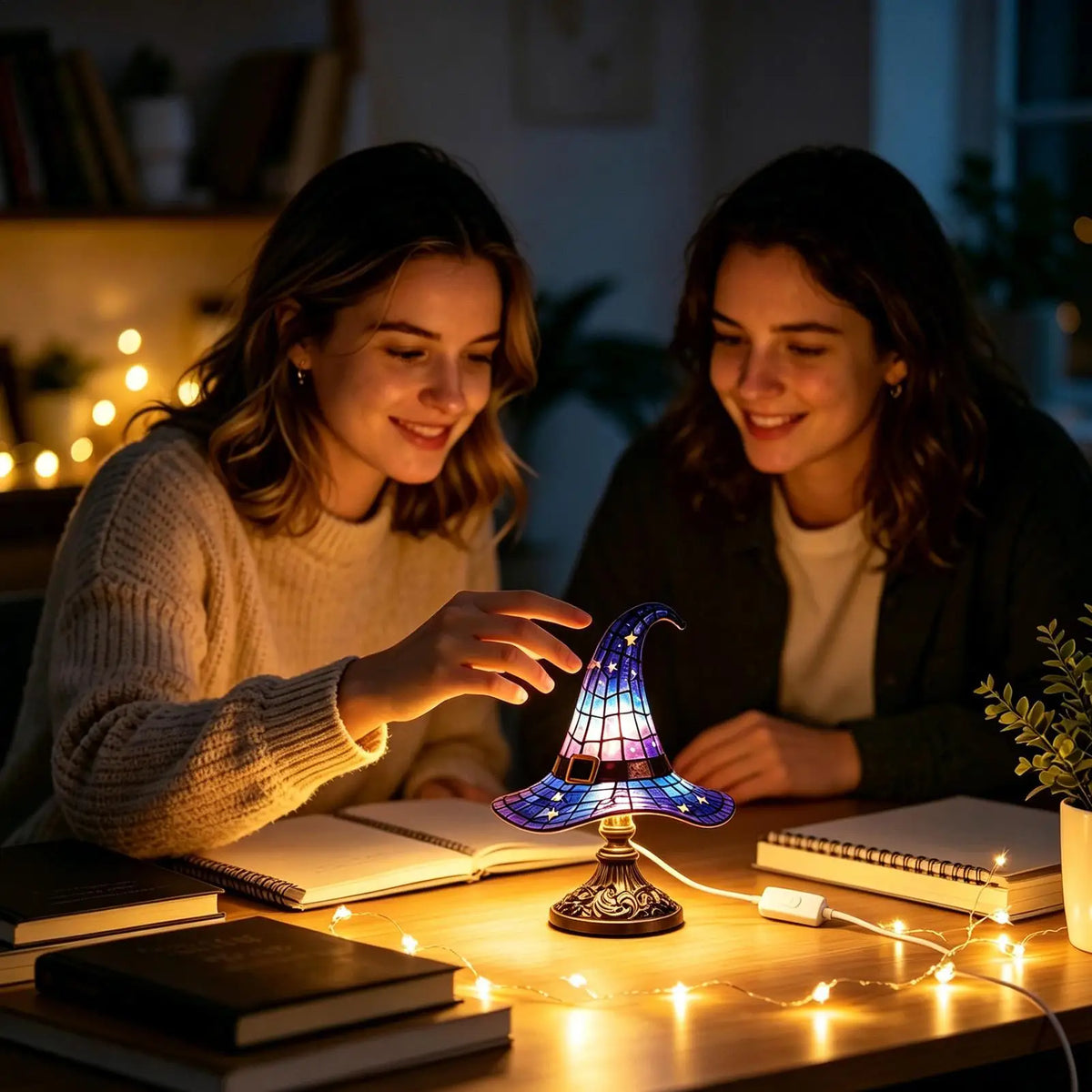 Lámpara Sombrero Bruja Vidrio Teñido - Decoración Mágica Moderna