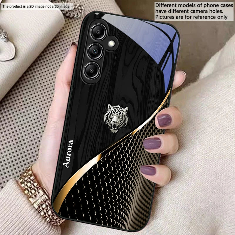 Golden tiger design glass phone case showcasing a sleek, transparent cover with a striking gold tiger pattern.