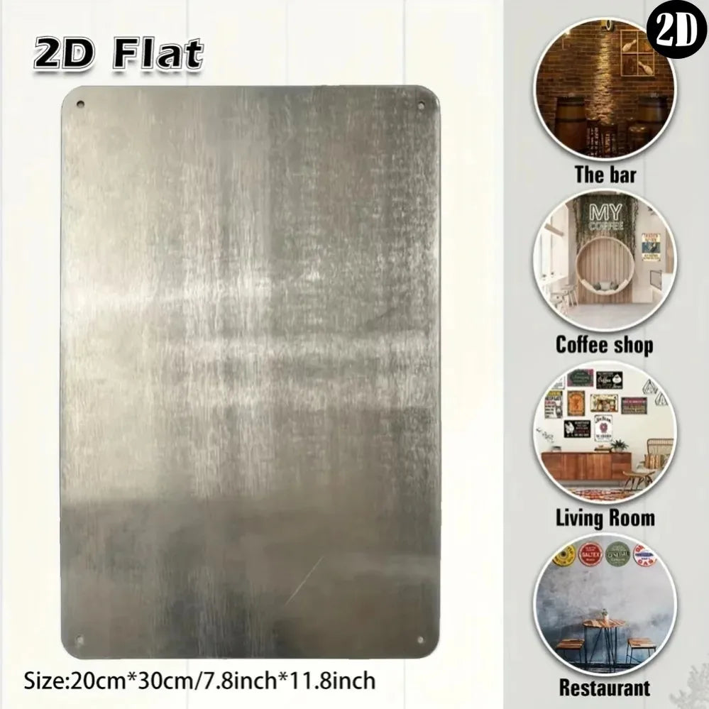 Metallic 2D sign decoration with printed aluminum for interior or exterior decor, featuring bold design elements.