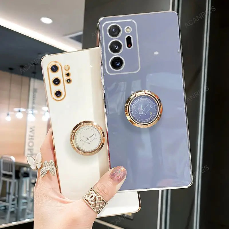 Samsung Galaxy Note20, Note10, Note9 protective case with ring stand, gold-plated, featuring a sleek design and durable material.