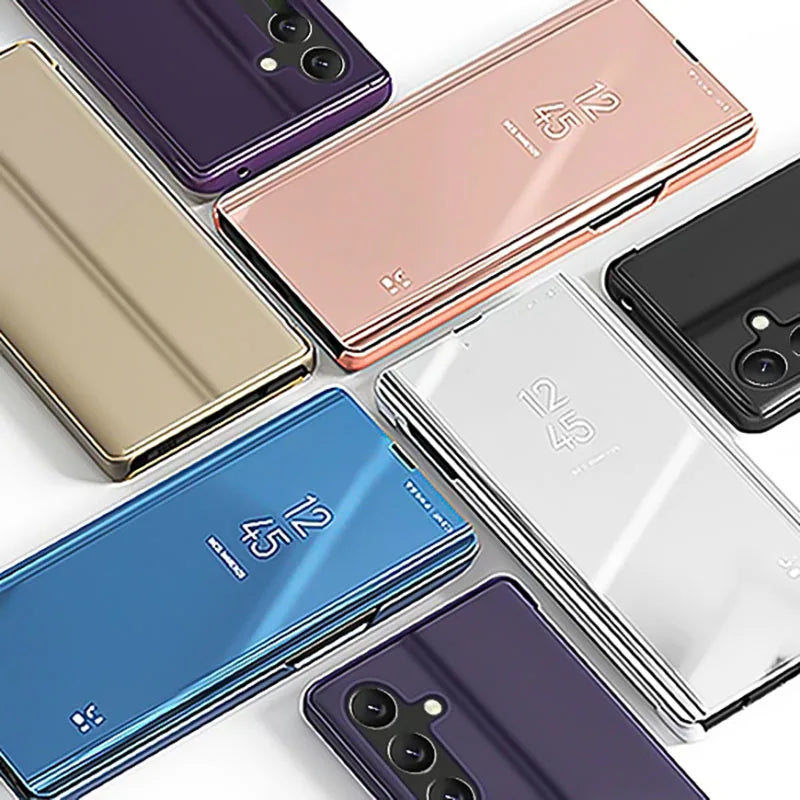 Luxury smart protective case with mirror for Samsung smartphones, featuring elegant design and durable material by Corporación Turística.
