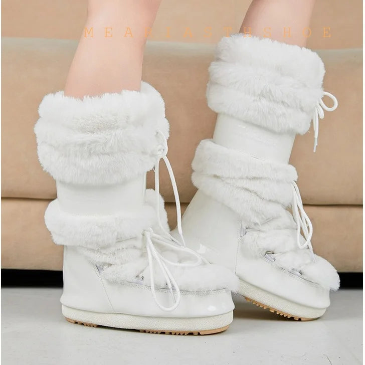 Botas de nieve de mujer con suela gruesa de piel sintétic...