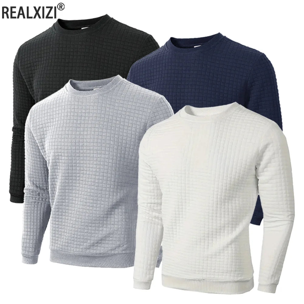 Jersey de cuello redondo para hombre, sudadera informal de Color sólido con cuadros de Jacquard, suéteres ajustados cálidos de manga larga, ropa de calle de punto, otoño