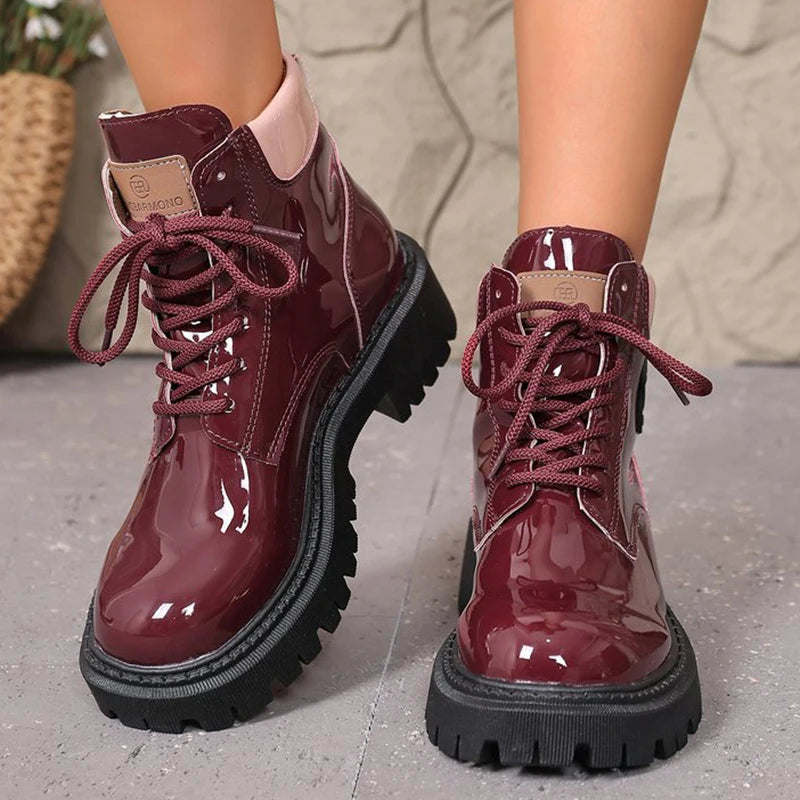 Botas de charol con cordones para mujer, botas de punta r...