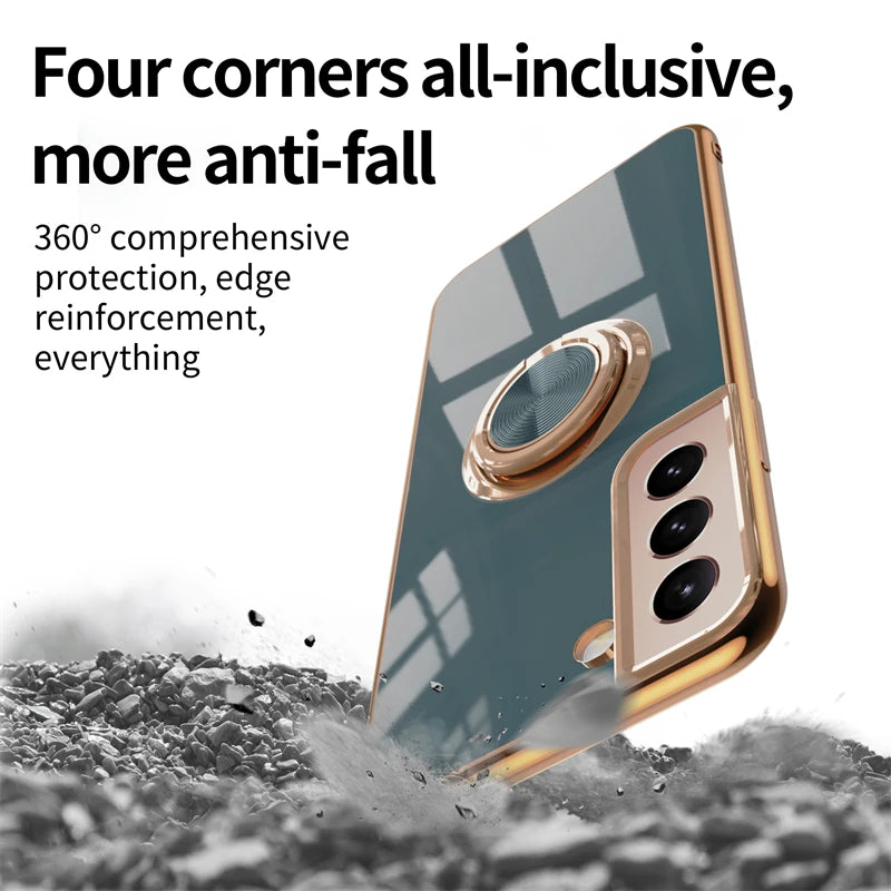 Luxury gold-plated ring stand case for Samsung smartphones, featuring a stylish and durable protective cover.