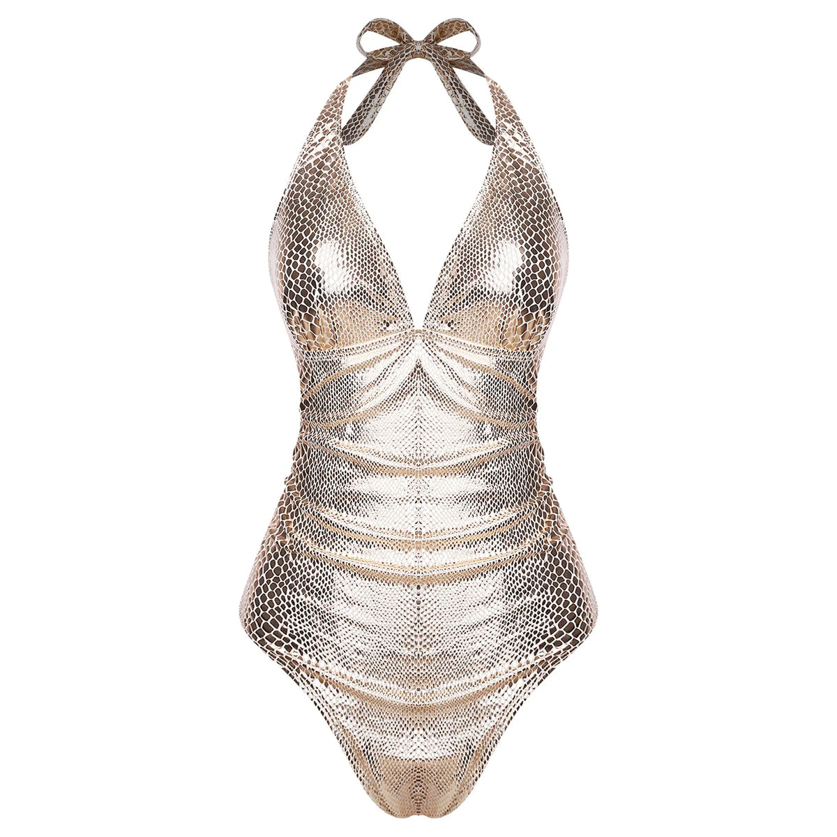 Shiny metallic women's swimsuit with colorful printed pattern, featuring a sleek and modern design.