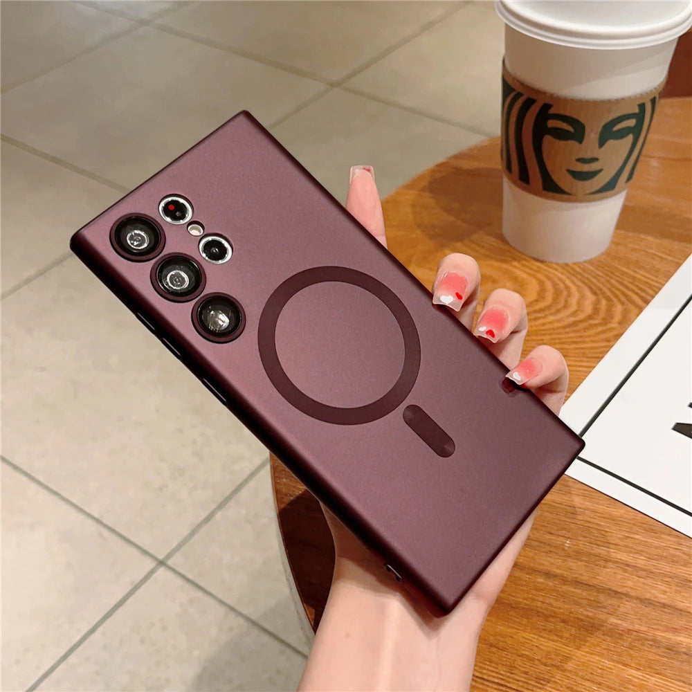 Magnetic matte wireless charging pad for Samsung S2 smartphone, featuring sleek design and easy-to-use charging functionality.