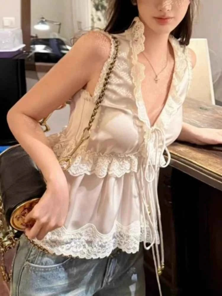 Camisola Satén Francés Volantes Sexy Cuello V Chic Coreano