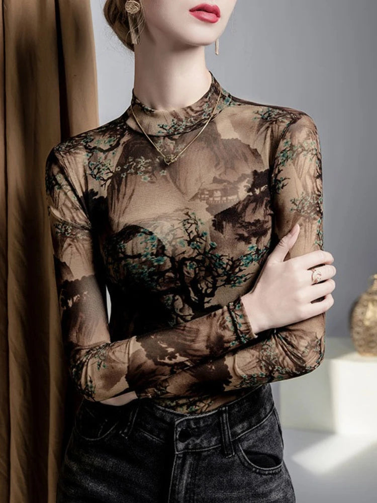 Tops sexis de manga larga con cuello levantado para mujer...