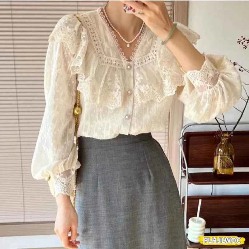 Blusa Blanca Volantes Elegante Manga Larga Mujer Oficina FLHJLWOC