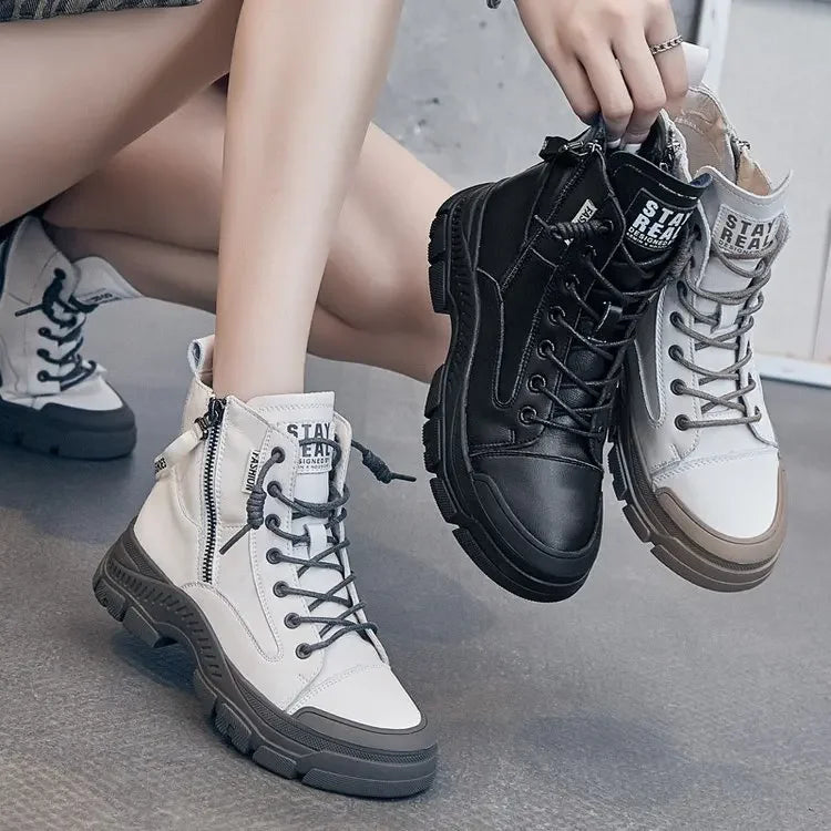 Zapatos de otoño e invierno a la moda de cuero para mujer...