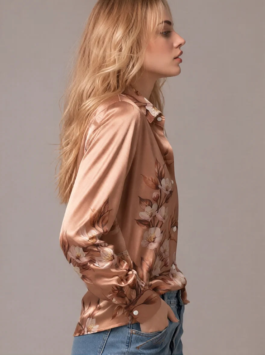 Blusa de Satén con Estampado Floral para Mujer, Manga Lar...