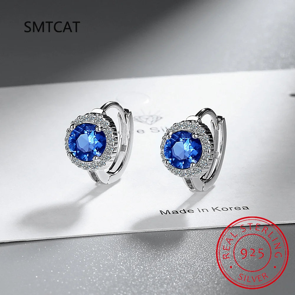 Pendientes de aro de plata de ley 925 con zafiro azul cre...