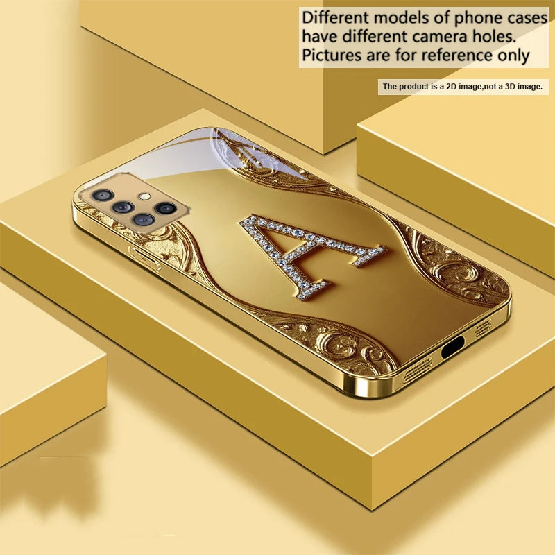 Golden crystal phone case with diamond accents, designed by Corporación Turística, showcasing a luxurious protective cover.