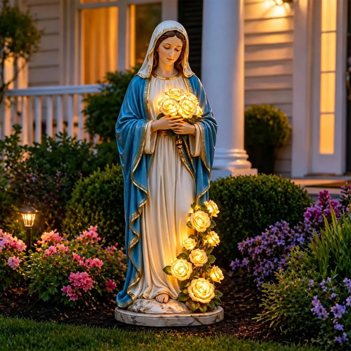Estatua de la Virgen María para Jardín con Rosas Iluminad...