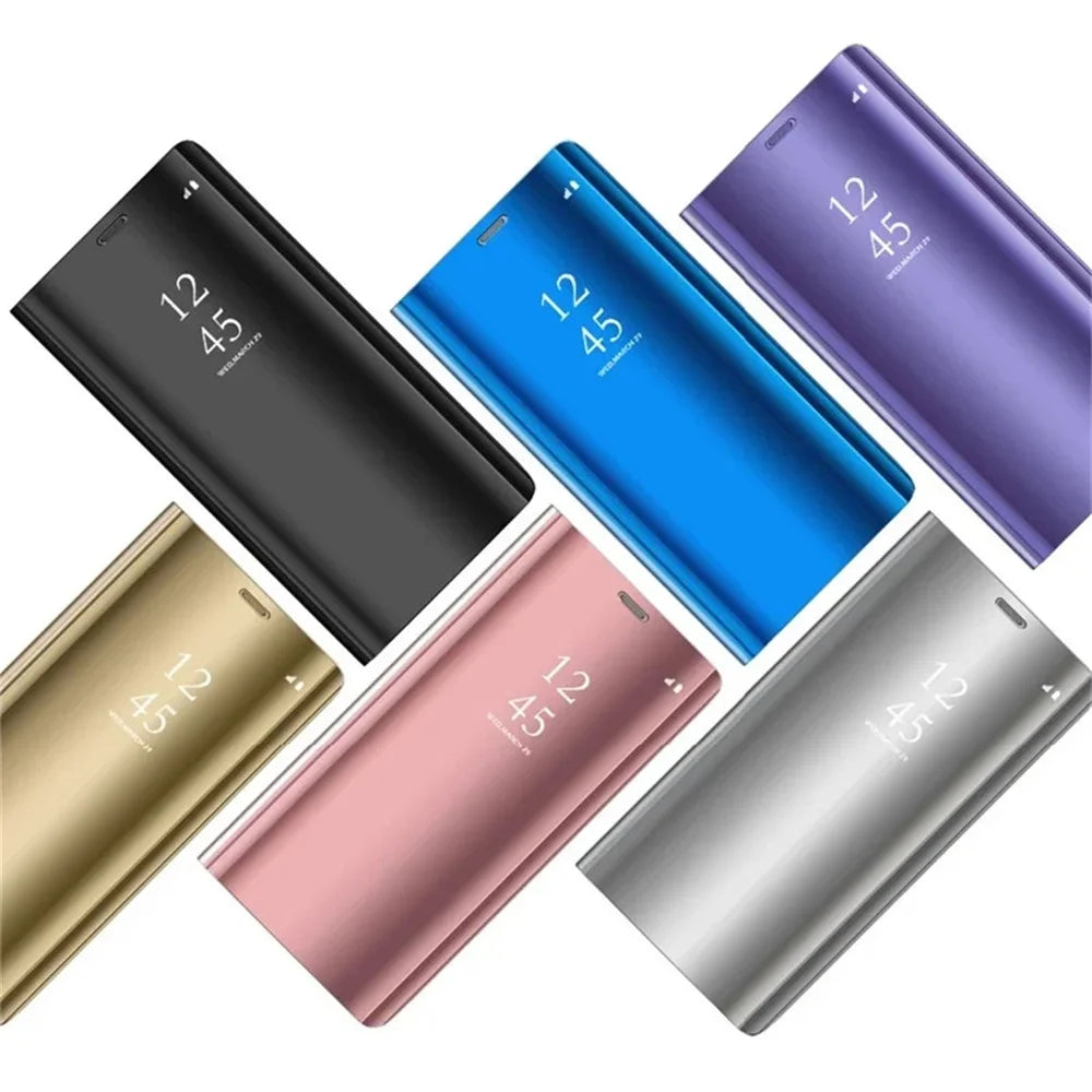 Leather flip phone case with mirror for Samsung smartphones by Corporación Turística, featuring a sleek design and protective cover.