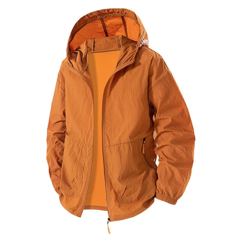 Light-colored men's hiking summer jacket with UPF 50+ protection, suitable for outdoor adventures and active wear.