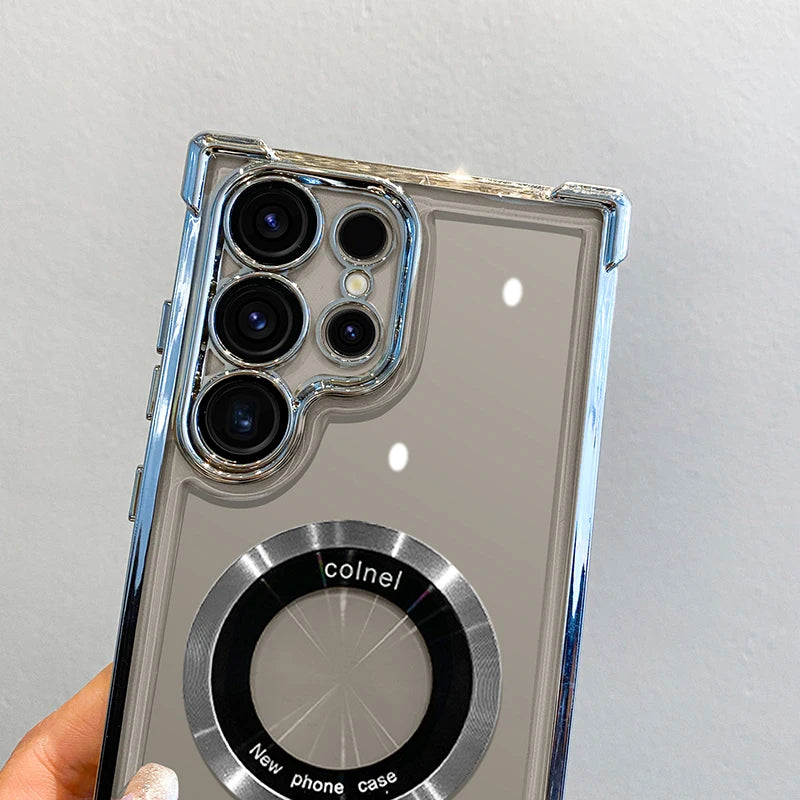 Luxury magnetic phone case with wireless charging for Samsung smartphones, featuring sleek design and precise cutouts.