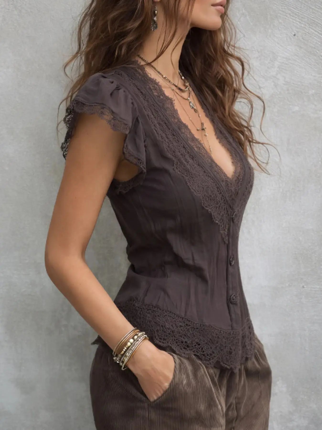 Blusa morada boho para mujer con cuello en V profundo, ri...