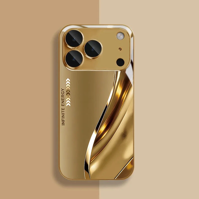 Tempered glass protective case with metal curves for smartphone protection, featuring sleek design and durable construction.