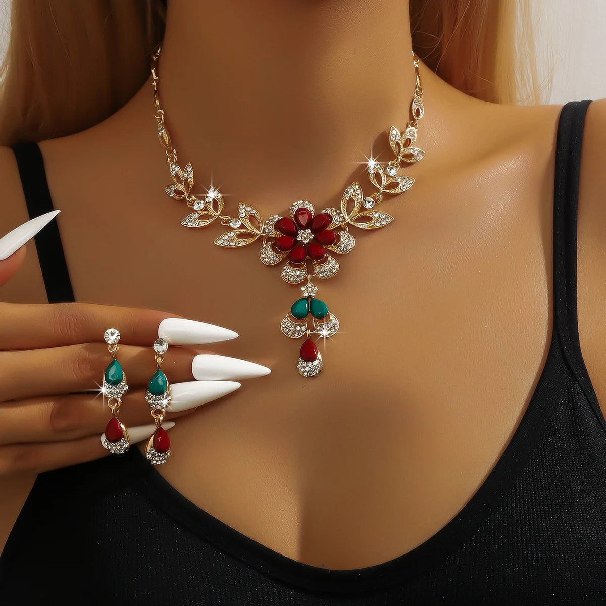 Conjunto de joyería para mujer, collar de flores de oro n...