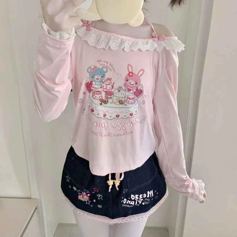 Camiseta Estética Kawaii Japonesa Y2k - Algodón/Poliéster Holgada