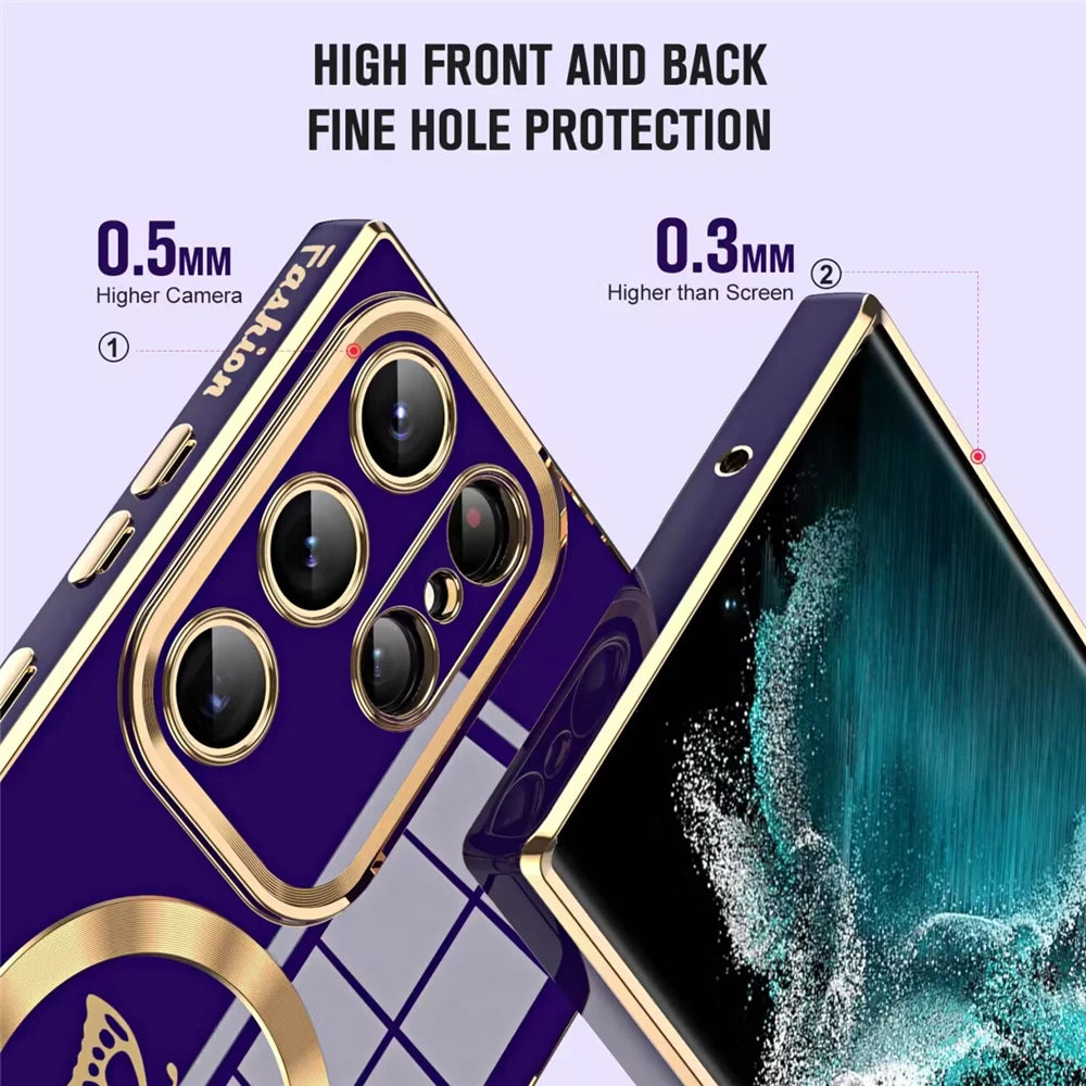 Magnetic electroplated butterfly phone case for Samsung smartphone, featuring a decorative butterfly design and secure fit.