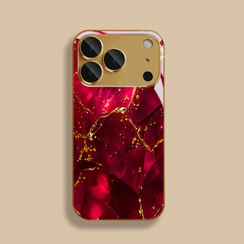 Tempered glass phone case with Crimson Crack design for Samsung S series, showcasing a stylish protective cover by Corporación Turística.